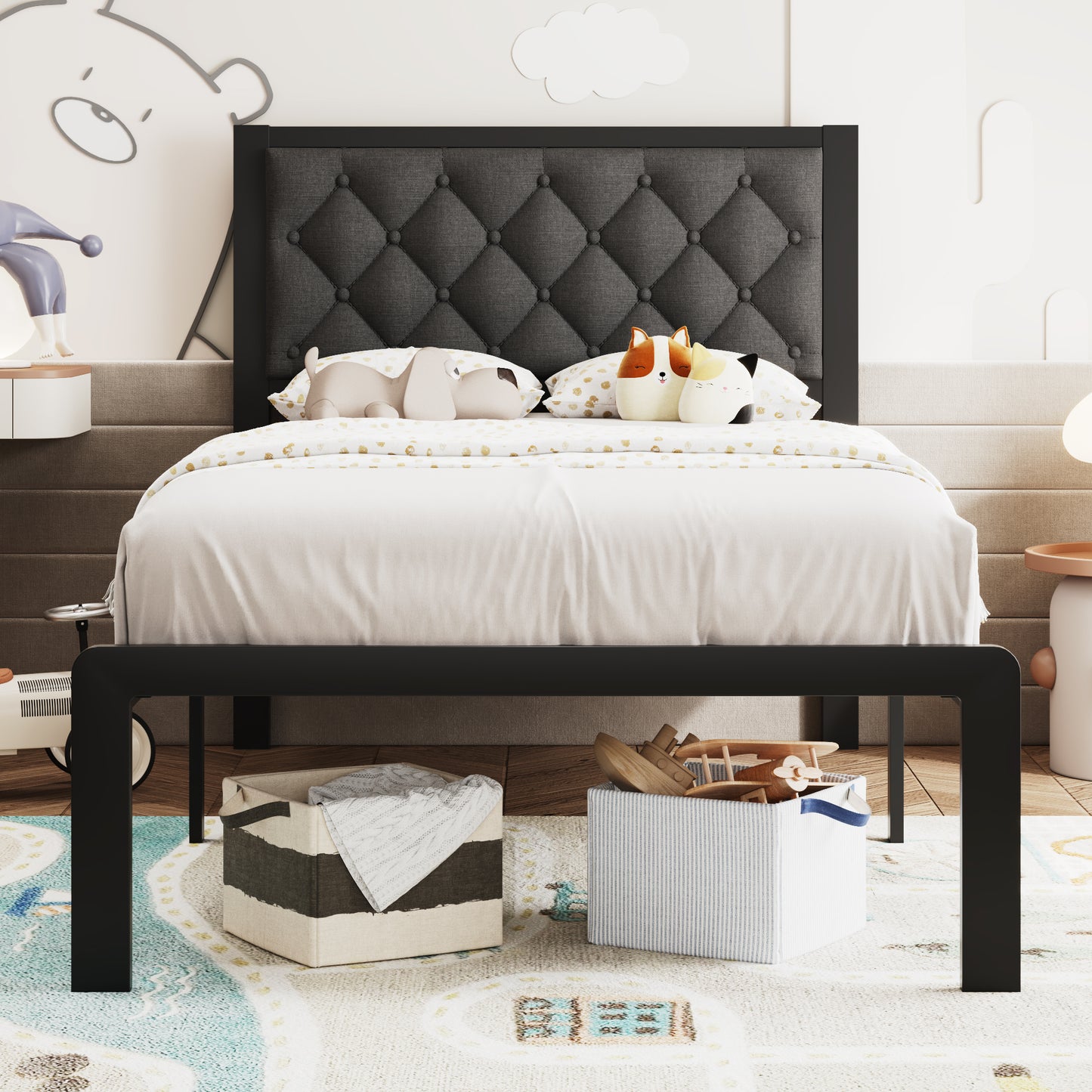 Bed Frame with Headboard Linen Upholstered, All Metal Slats Support Platform, Twin, Grey