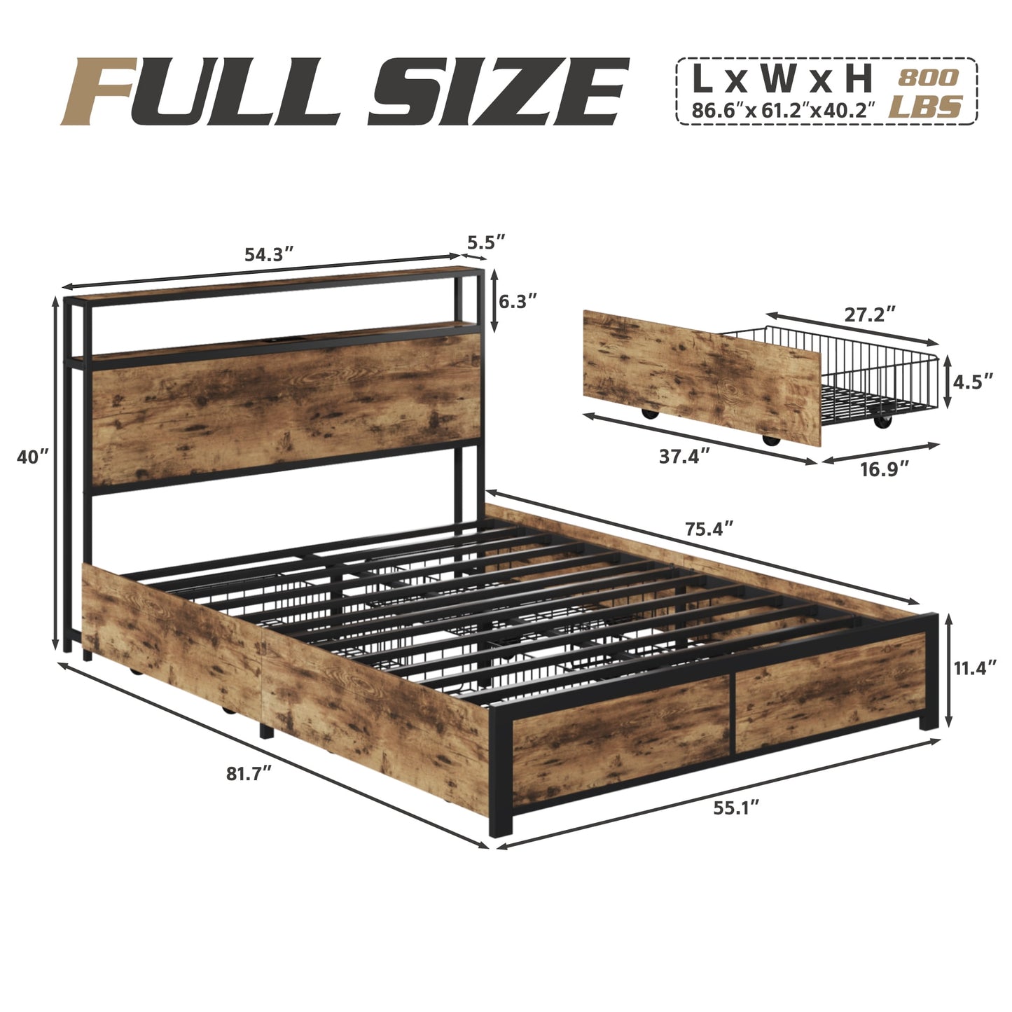 Fluest Full Bed Frame with 2-Tier Storage Headboard, USB Port and LED Light, 4 Storage Drawers, Brown