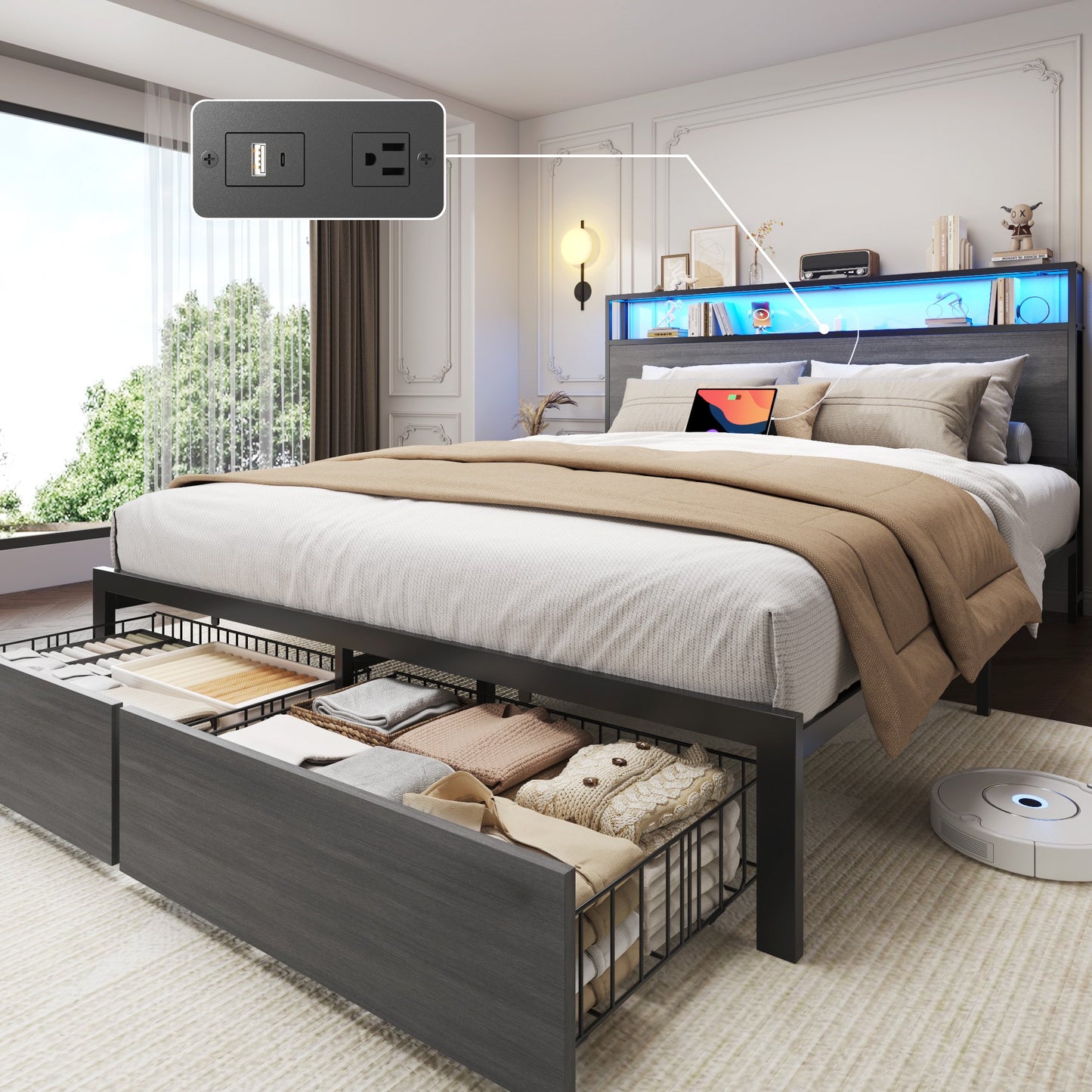 Queen Bed Frame with Headboard and Storage,2-Tier Storage Headboard & Foot-Board Drawers, Rustic Grey