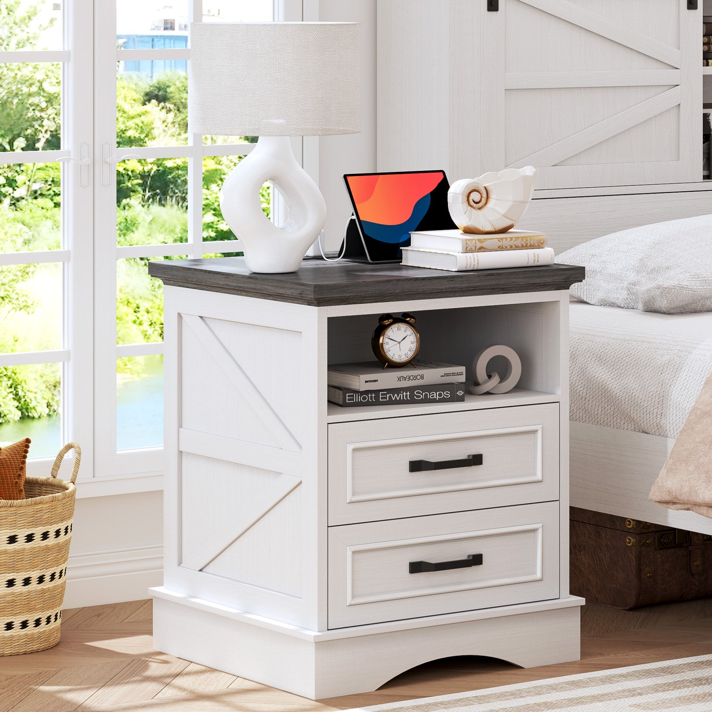 Fluest 24” Tall Farmhouse Nightstands, Night Stands with Charging Station, Beside Tables with Drawers and Open Storage, Rustic End Tables for Bedroom, Antique White/Black