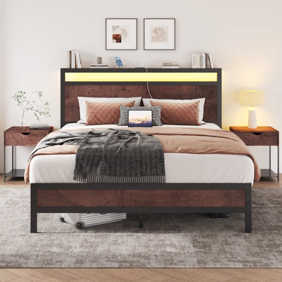 Queen Storage Bed Frame with LED Headboard & Built-In Charging, Noise-Free, No Box Spring Needed, Coffee Brown
