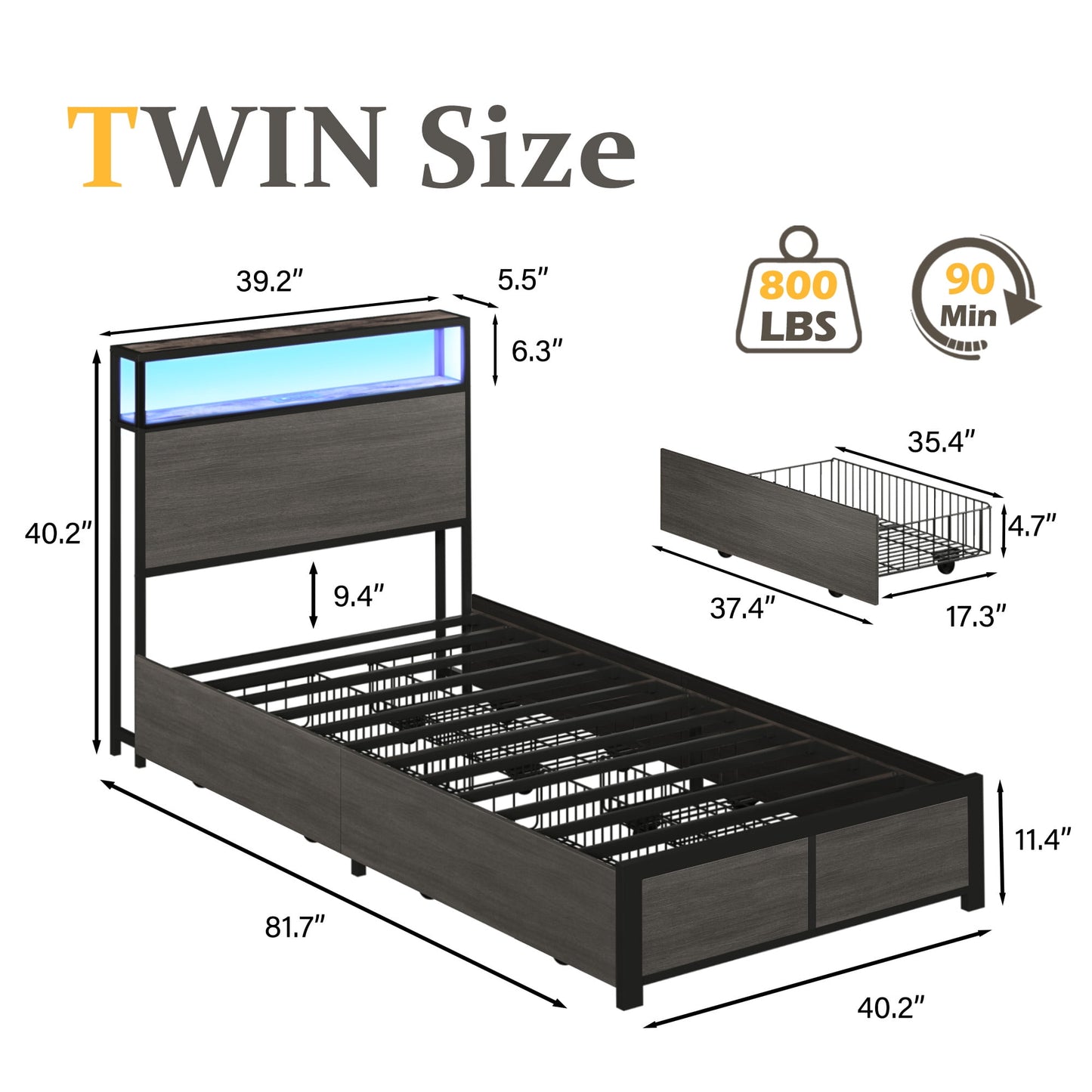 Fluest Twin Bed Frame with 2-Tier Storage Headboard, USB Port and LED Light, 4 Storage Drawers, Brown
