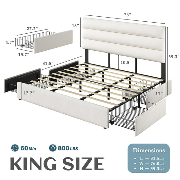 Bed Frame with Storage Drawers, Upholstered Headboard, Metal Support, King, Begie