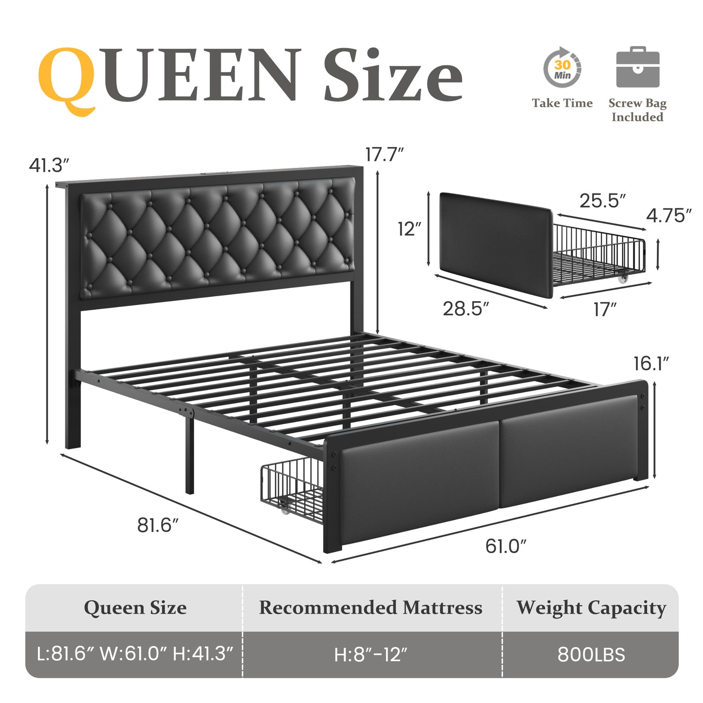 Fluest Bed Frame with Leather Upholstered Headboard, Lockable Storage, Queen Size, Black