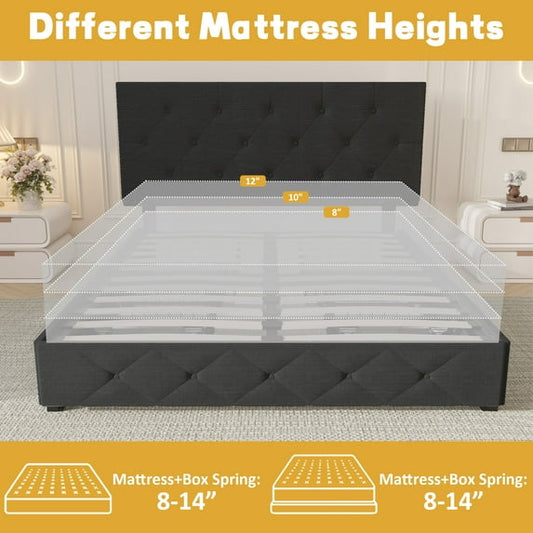 Bed Frame with Linen Upholstered Headboard, Platform Bed Frame, Queen, 4 Storage Drawers, Grey