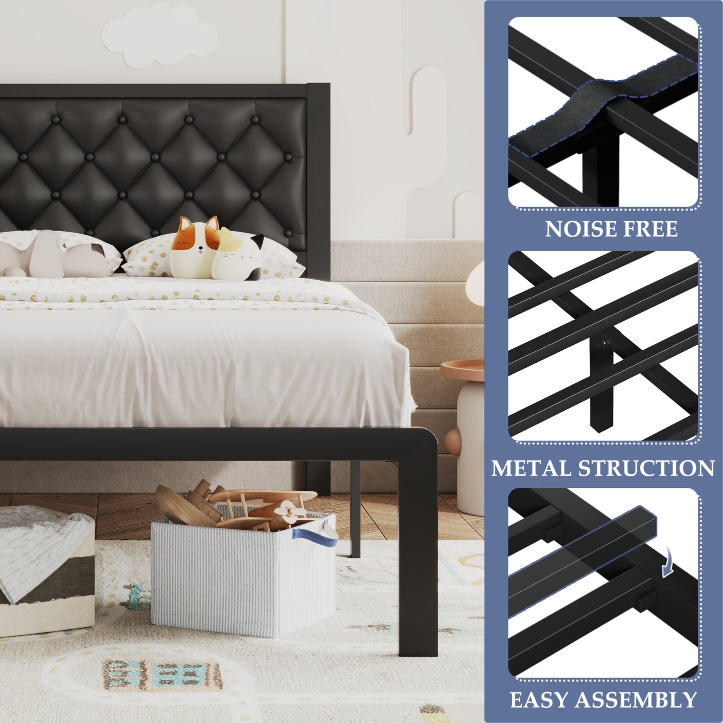 Bed Frame with Headboard PU Leather Upholstered, All Metal Slats Support Platform, Twin, Black