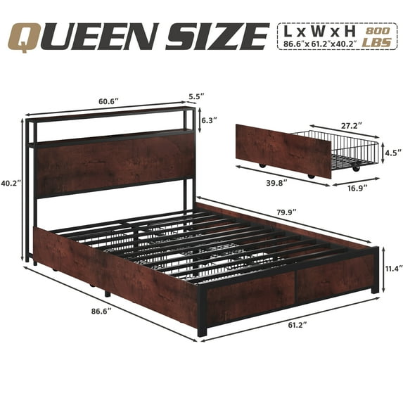 Metal Platform Bed Frame with 2-Tier Headboard,Queen,USB Port & LED Light, 4 Storage Drawers, No Box Spring Needed, Noise Free, Rustic Brown