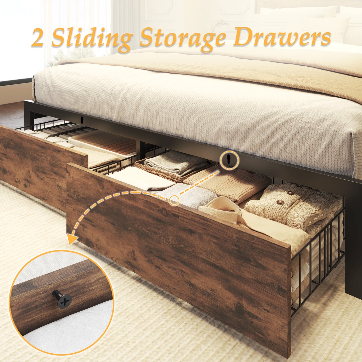 Queen Bed Frame with Headboard and Storage,2-Tier Storage Headboard & Foot-Board Drawers, Rustic Brown