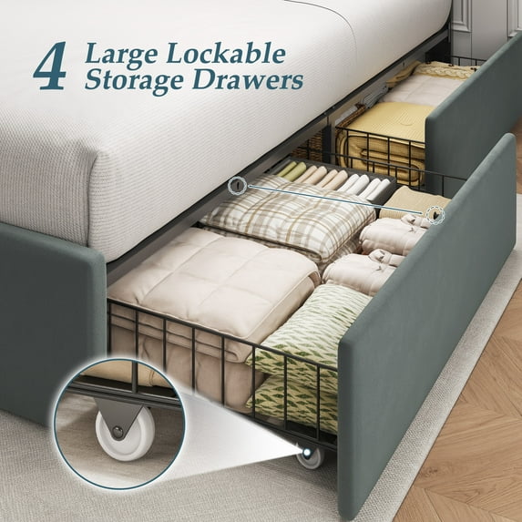 Bed Frame with Storage Drawers, Upholstered Headboard, Metal Support, King, Grey