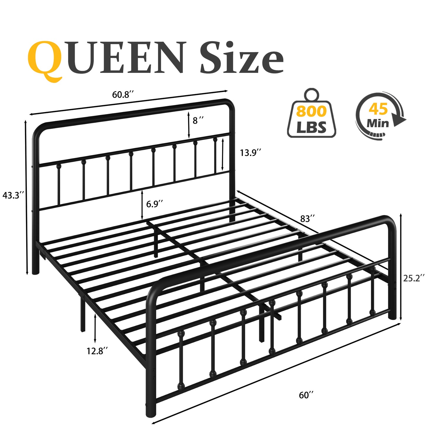 Fluest Queen Bed Frame with Headboard, Charging Station & LED Lights, Metal Platform Bed with Steel Slat Support, No Box Spring Needed, Under Bed Storage, Noise Free, Easy Assembly, Black
