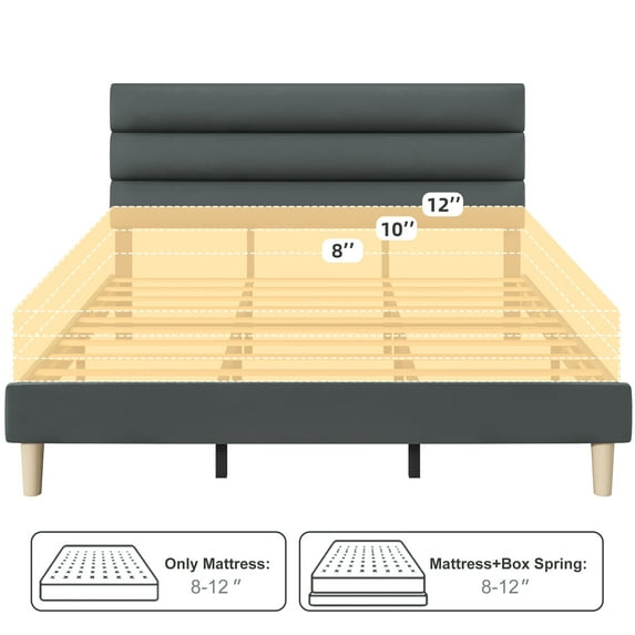 Fluest King Bed Frame with Velvet Upholstered Headboard, Metal Support, No Box Spring Needed, Noise Free, Easy Assembly, Grey
