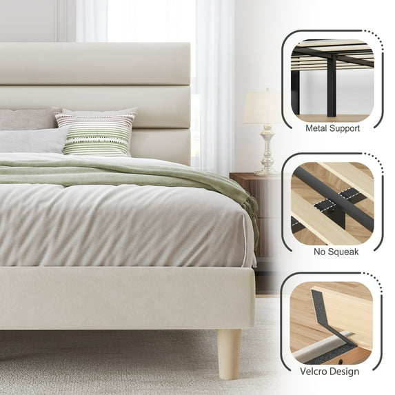 Fluest King Bed Frame with Velvet Upholstered Headboard, Metal Support, No Box Spring Needed, Noise Free, Easy Assembly, Beige