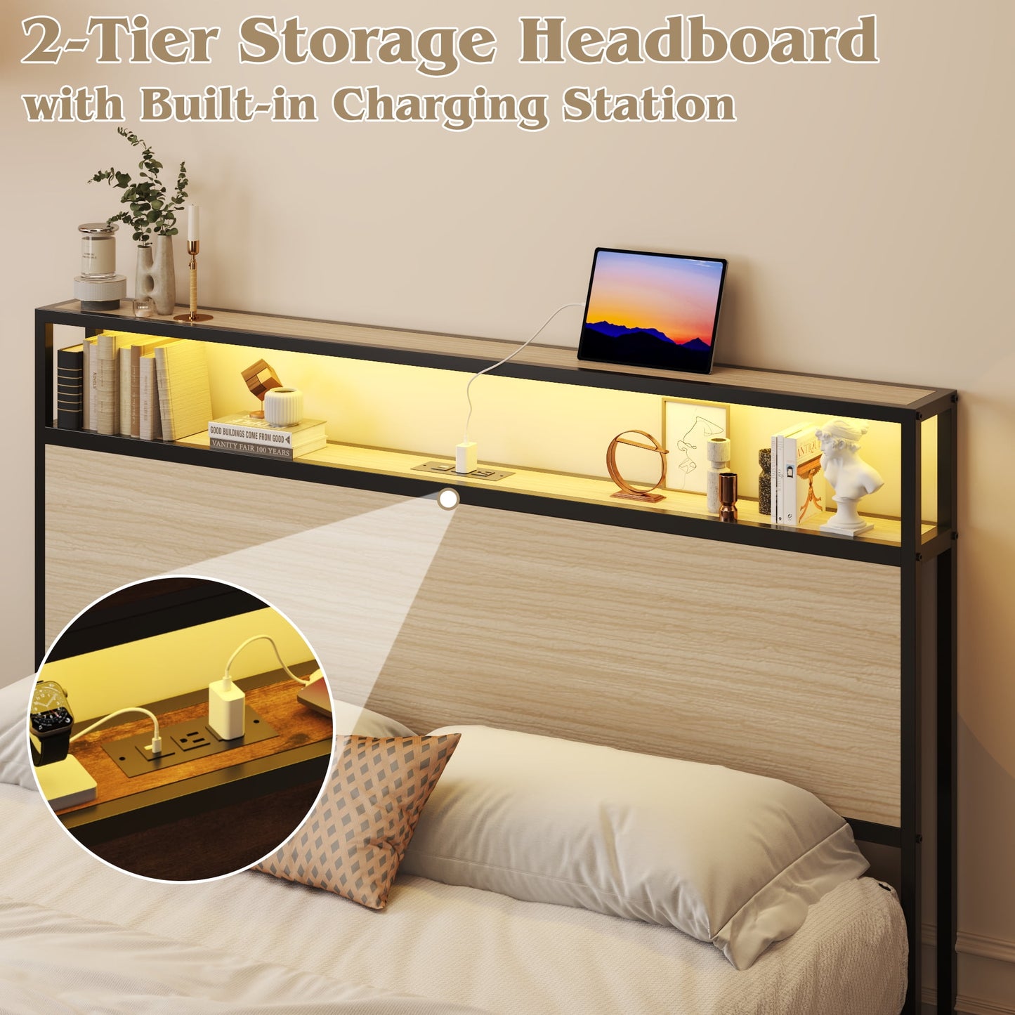 Fluest Full Bed Frame with 2-Tier Storage Headboard, USB Port and LED Light, 4 Storage Drawers, Begie