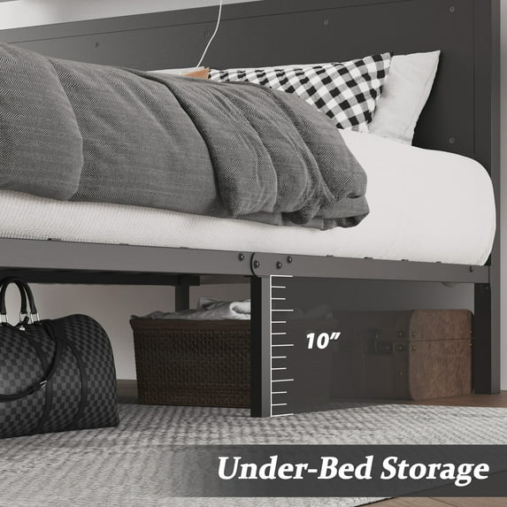 Queen Storage Bed Frame with LED Headboard & Built-In Charging, Noise-Free, No Box Spring Needed, Classic Black