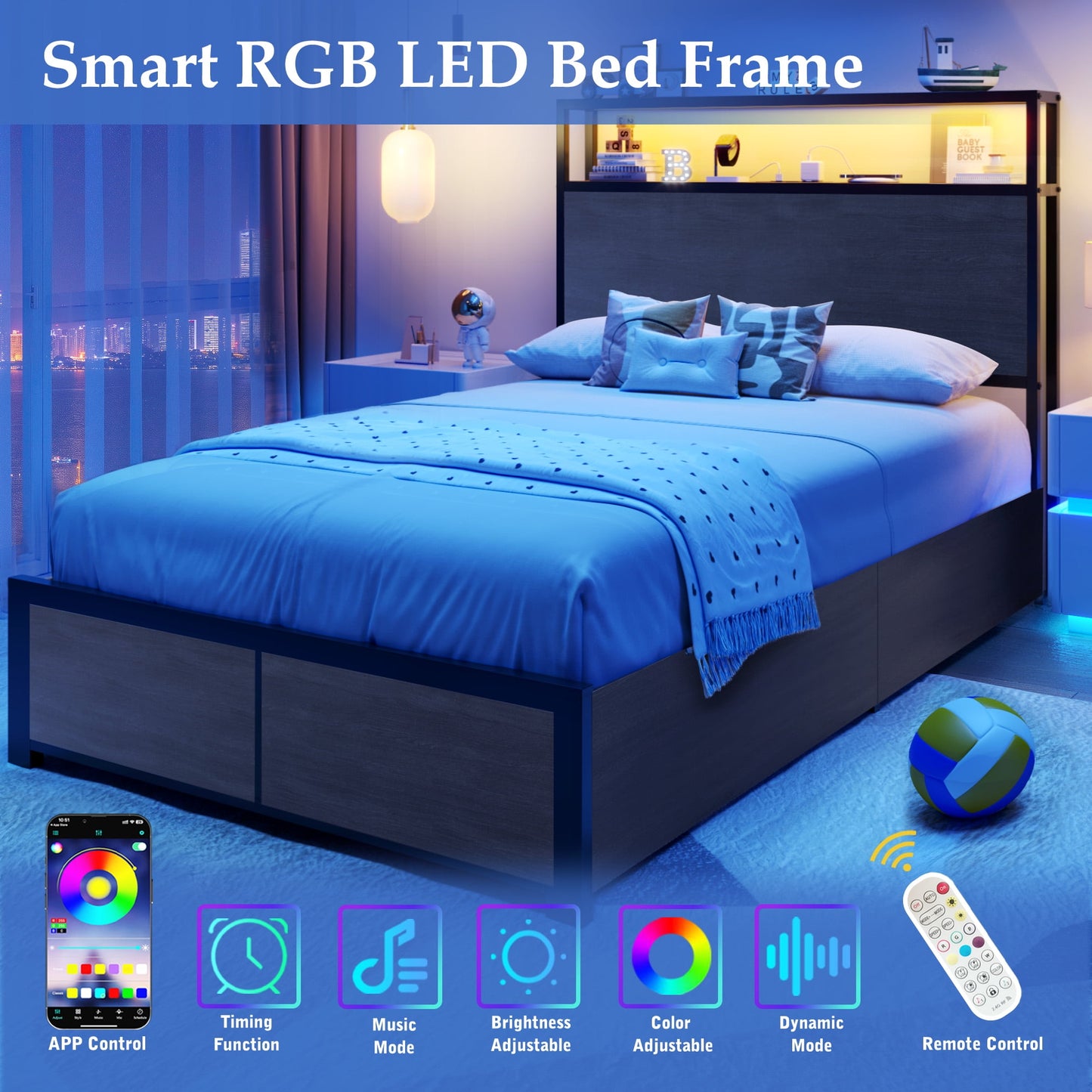 Fluest Twin Bed Frame with 2-Tier Storage Headboard, USB Port and LED Light, 4 Storage Drawers, Gray