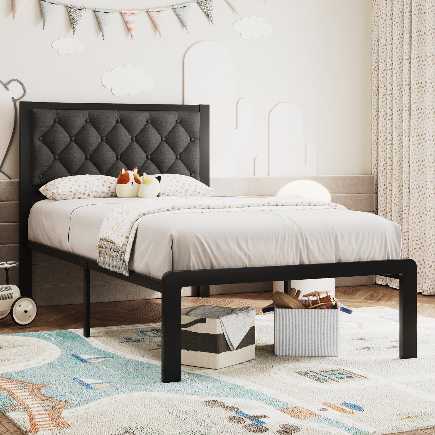 Bed Frame with Headboard Linen Upholstered, All Metal Slats Support Platform, Twin, Grey