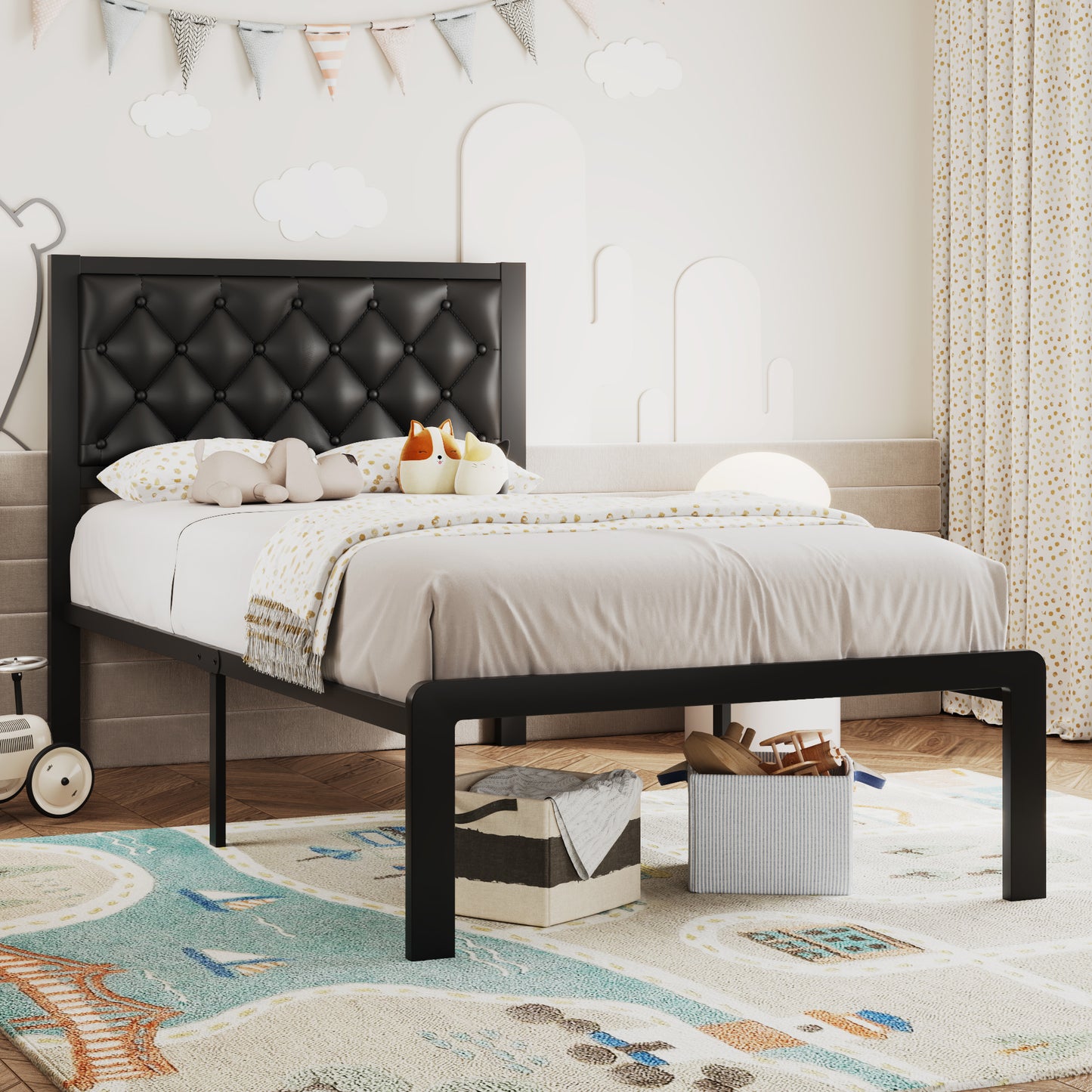 Bed Frame with Headboard PU Leather Upholstered, All Metal Slats Support Platform, Twin, Black