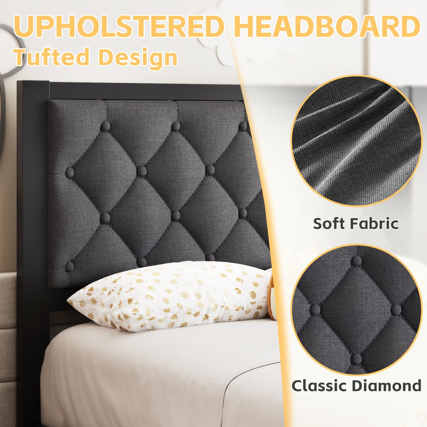 Bed Frame with Headboard Linen Upholstered, All Metal Slats Support Platform, Twin, Grey