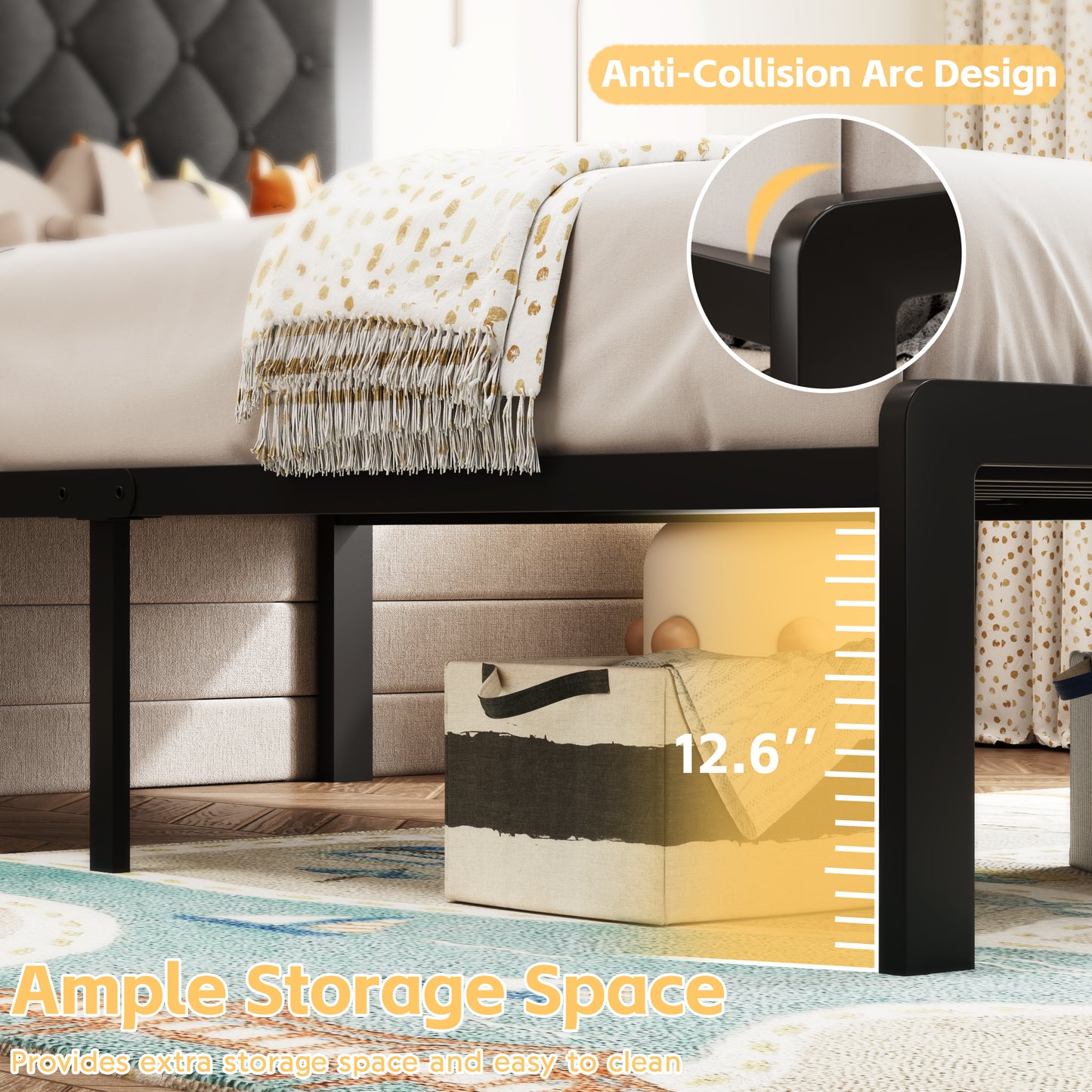 Bed Frame with Headboard Linen Upholstered, All Metal Slats Support Platform, Twin, Grey