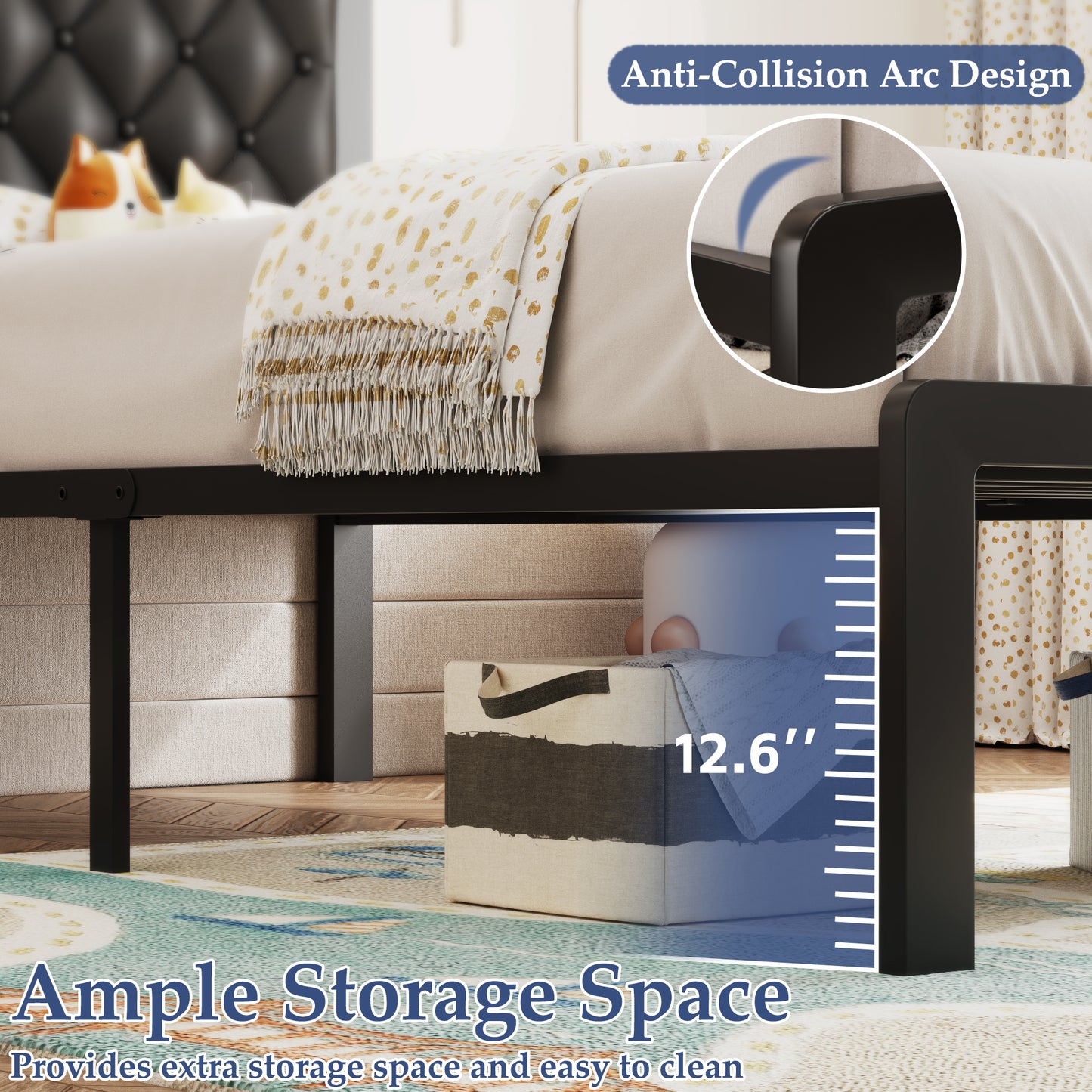 Bed Frame with Headboard PU Leather Upholstered, All Metal Slats Support Platform, Twin, Black