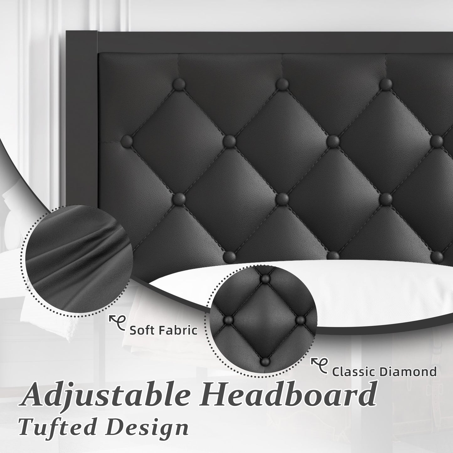 Fluest Bed Frame with Headboard PU Leather Upholstered, All Metal Slats Support Platform, Queen, Black