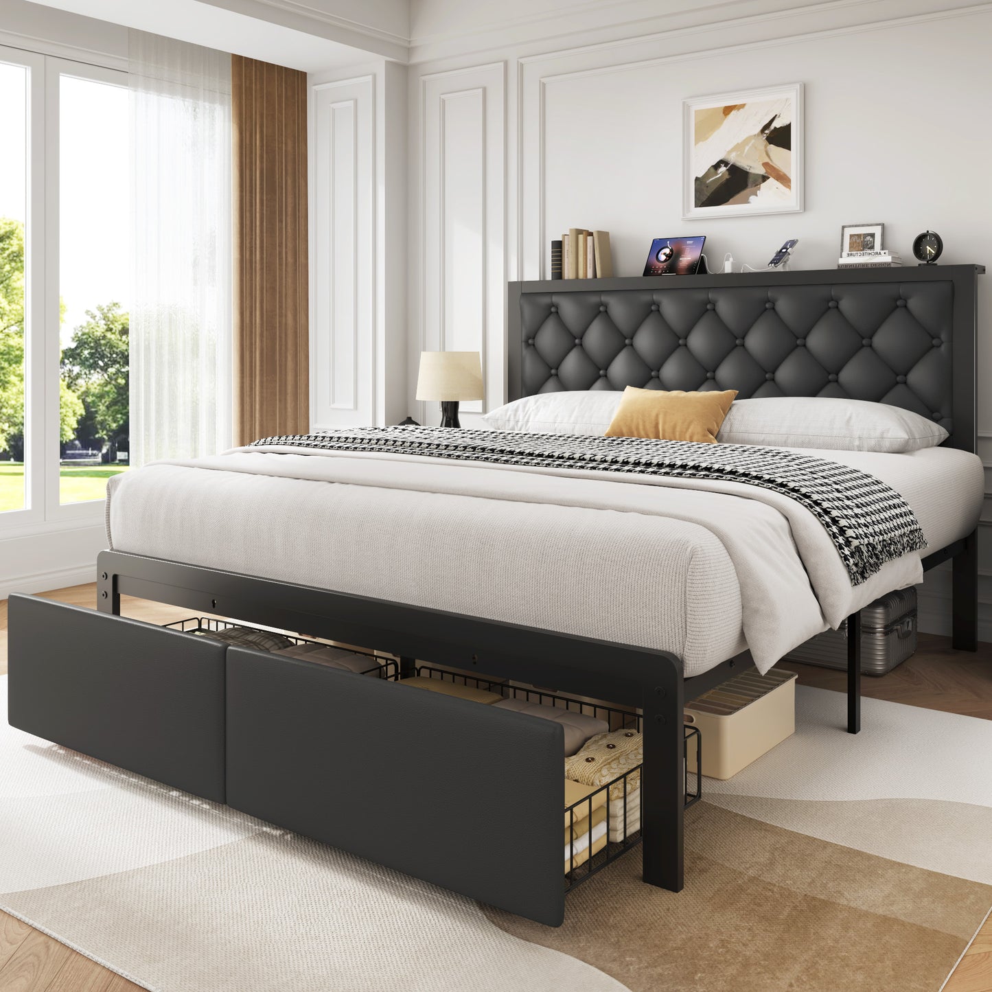 Fluest Bed Frame with Leather Upholstered Headboard, Lockable Storage, Queen Size, Black