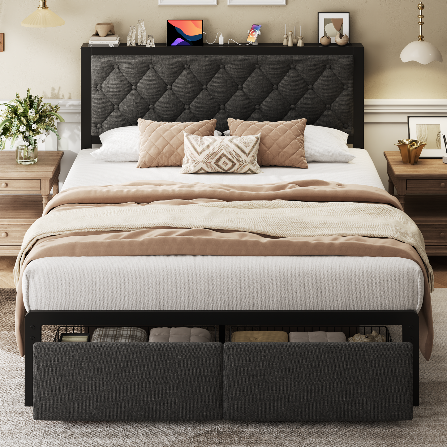 Queen Bed Frame with 2 Storage Drawers, Upholstered Headboard Button Tufted Bed Frame with Charging Station, No Box Spring Needed, Noise-Free, All Metal Structure, Black