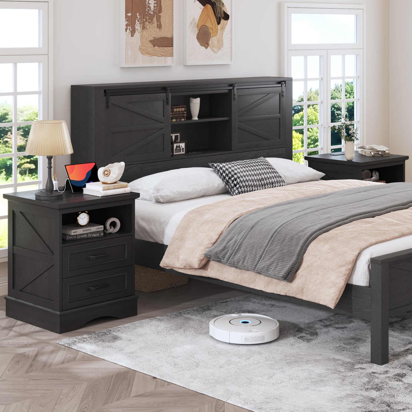 Fluest 24” Tall Farmhouse Nightstands, Night Stands with Charging Station, Beside Tables with Drawers and Open Storage, Rustic End Tables for Bedroom, Antique White/Black