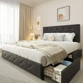 Bed Frame with Linen Upholstered Headboard, Platform Bed Frame, Queen, 4 Storage Drawers, Black