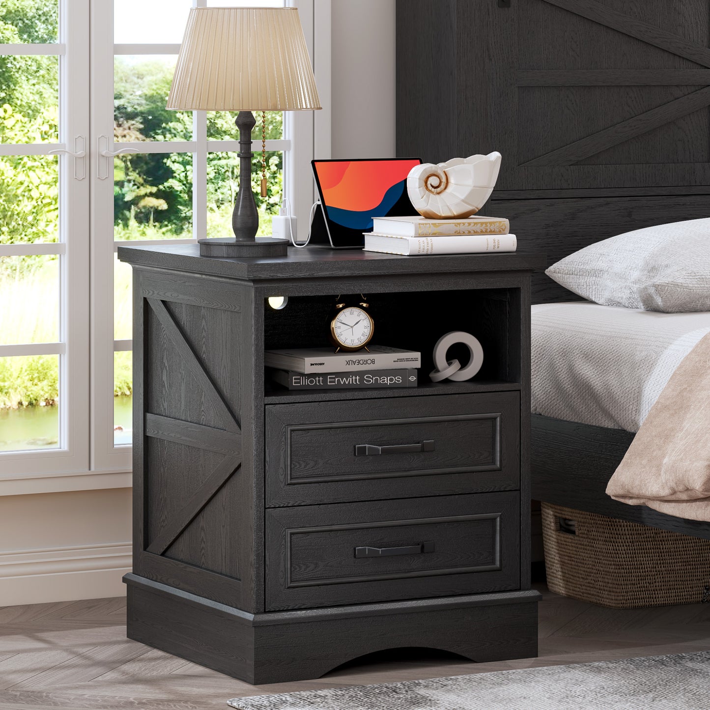 Fluest 24” Tall Farmhouse Nightstands, Night Stands with Charging Station, Beside Tables with Drawers and Open Storage, Rustic End Tables for Bedroom, Antique White/Black