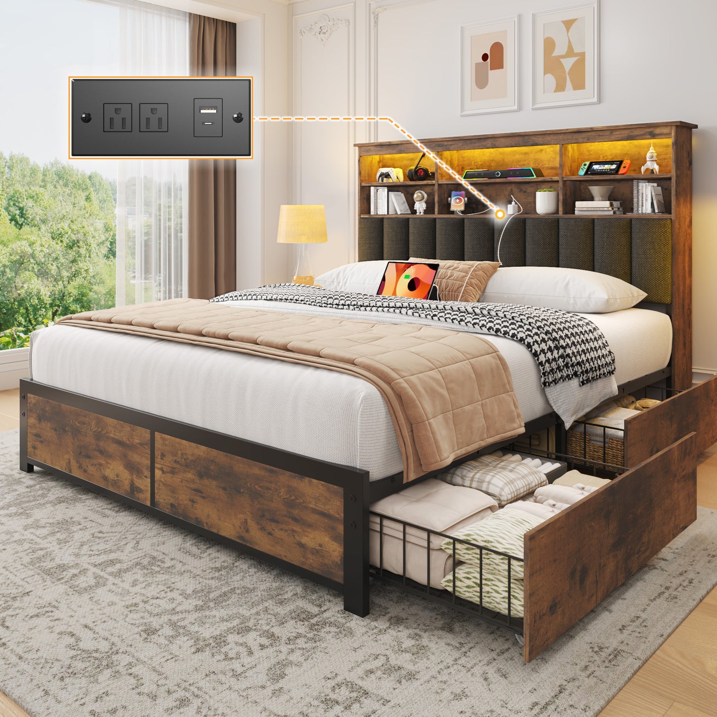Fluest Queen/Full Bed Frame with Headboard, Metal Platform Queen Bed Frame with High Bookcase Headboard, 4 Storage Drawers & Charging Station & LED, Noise-Free, NO Box Spring Needed,Rustic Grey/Vintage Brown