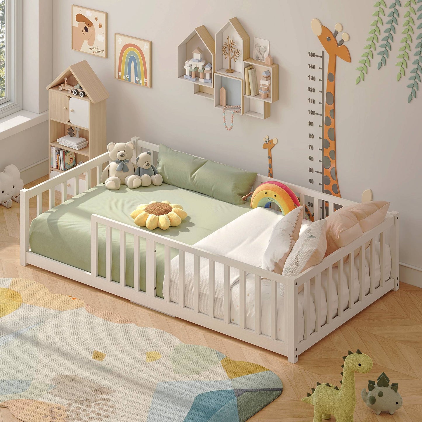 Fluest Toddler Floor Bed with Wood Slats, Twin Size Montessori Bed Frame for Girls and Boys, Toddler Bed with high Safety Guardrails, No Box Spring Needed