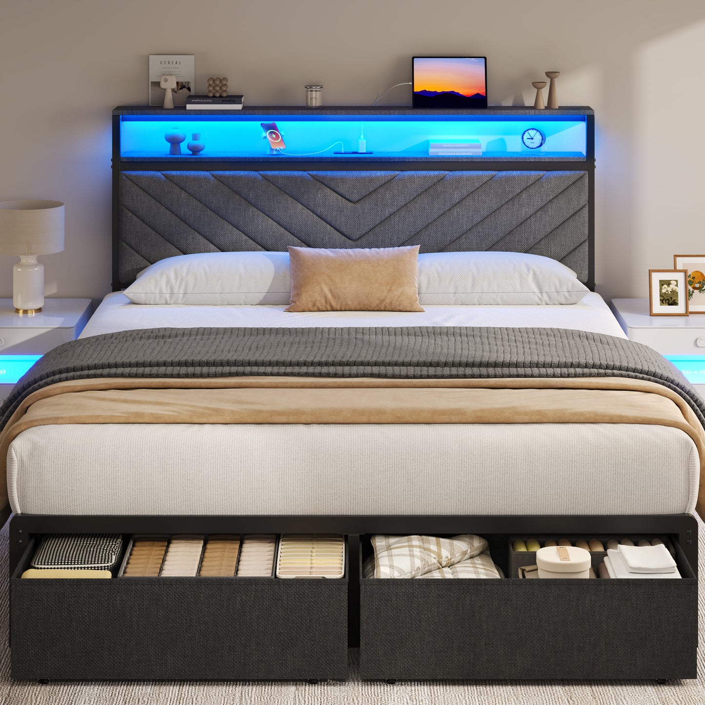 Fluest Queen Bed Frame wit Storage Drawers, Upholstered Headboard with Charging Station, LED Lights, Fabric Drawers with Wheels, Under Bed Storage, No Box Spring Needed, Easy Assembly, Grey