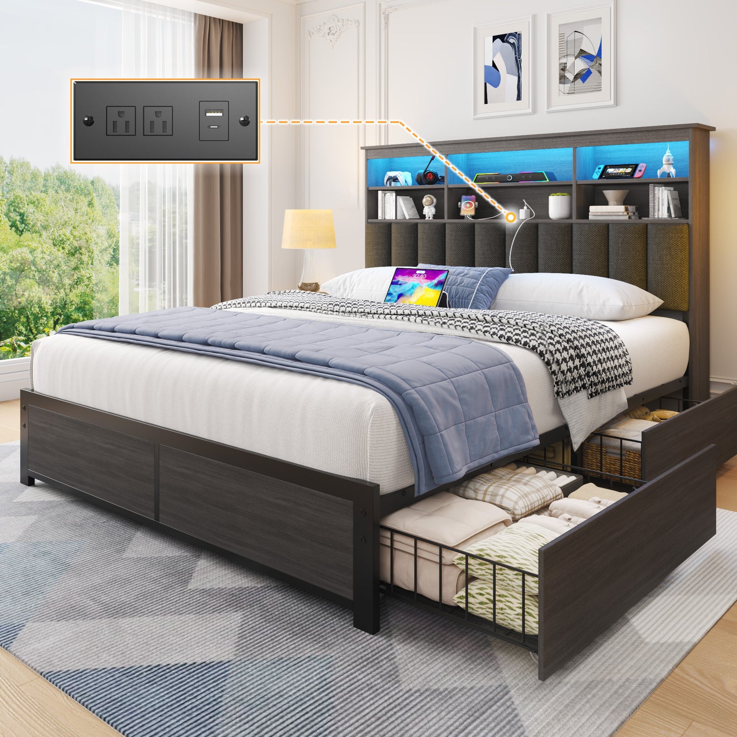 Fluest Queen/Full Bed Frame with Headboard, Metal Platform Queen Bed Frame with High Bookcase Headboard, 4 Storage Drawers & Charging Station & LED, Noise-Free, NO Box Spring Needed,Rustic Grey/Vintage Brown