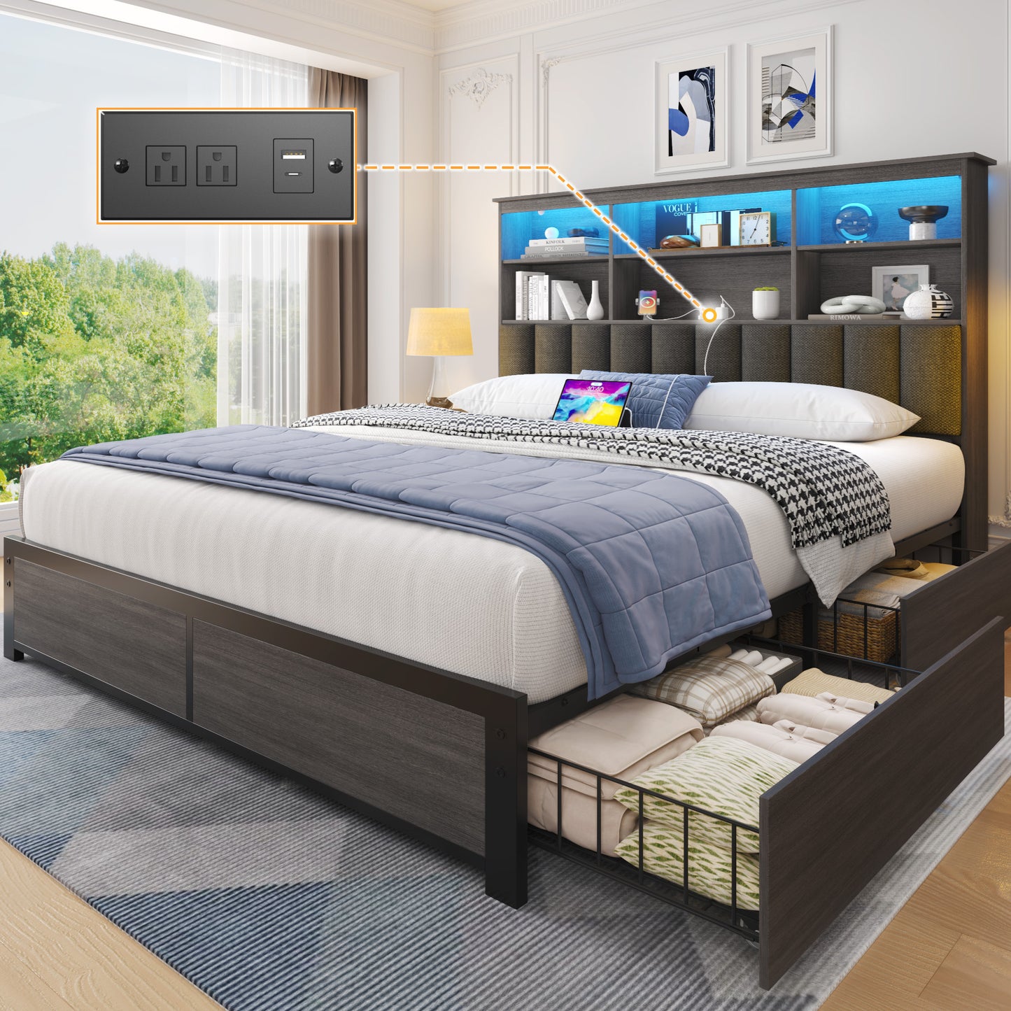 Fluest Queen/Full Bed Frame with Headboard, Metal Platform Queen Bed Frame with High Bookcase Headboard, 4 Storage Drawers & Charging Station & LED, Noise-Free, NO Box Spring Needed,Rustic Grey/Vintage Brown