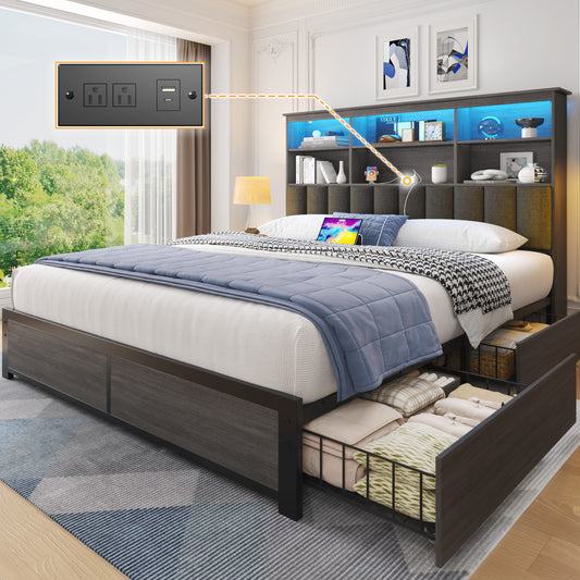 Fluest Queen/Full Bed Frame with Headboard, Metal Platform Queen Bed Frame with High Bookcase Headboard, 4 Storage Drawers & Charging Station & LED, Noise-Free, NO Box Spring Needed,Rustic Grey/Vintage Brown