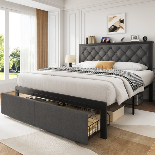 Fluest Bed Frame with Linen Upholstered Headboard, Lockable Storage, Queen Size, Gray