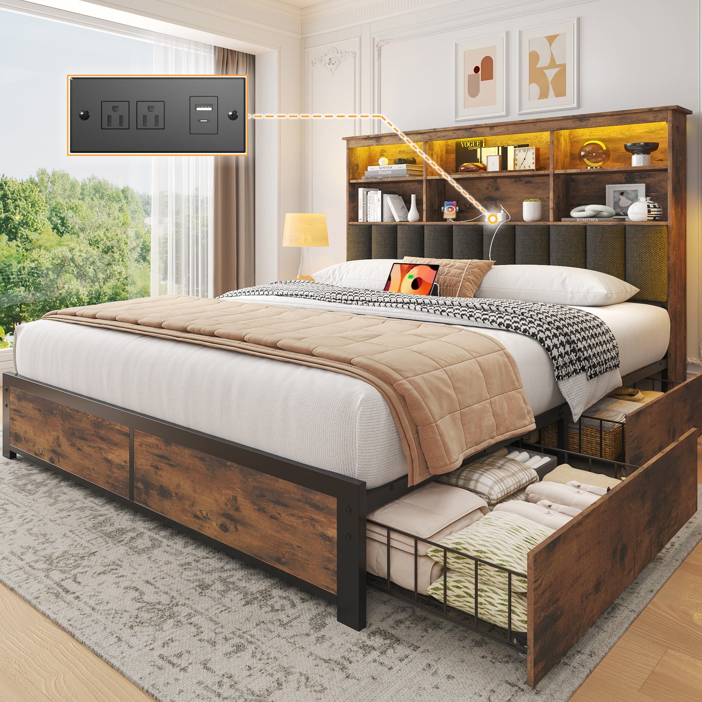 Fluest Queen/Full Bed Frame with Headboard, Metal Platform Queen Bed Frame with High Bookcase Headboard, 4 Storage Drawers & Charging Station & LED, Noise-Free, NO Box Spring Needed,Rustic Grey/Vintage Brown