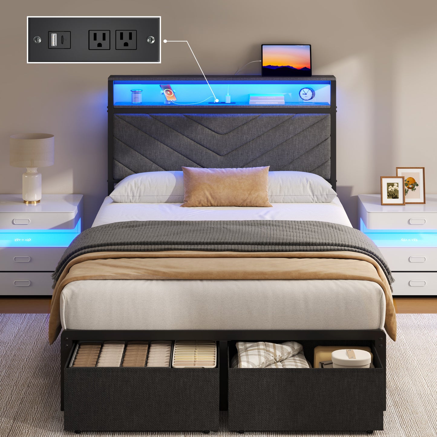 Fluest Queen Bed Frame wit Storage Drawers, Upholstered Headboard with Charging Station, LED Lights, Fabric Drawers with Wheels, Under Bed Storage, No Box Spring Needed, Easy Assembly, Grey