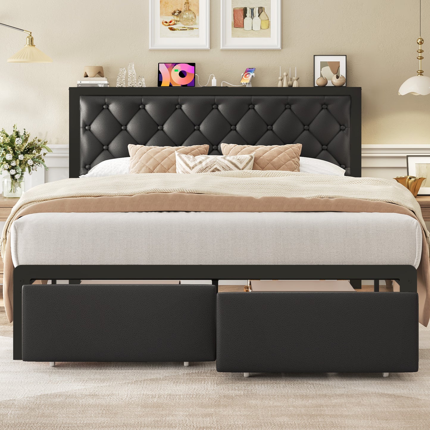 Queen Bed Frame with 2 Storage Drawers, Upholstered Headboard Button Tufted Bed Frame with Charging Station, No Box Spring Needed, Noise-Free, All Metal Structure, Black