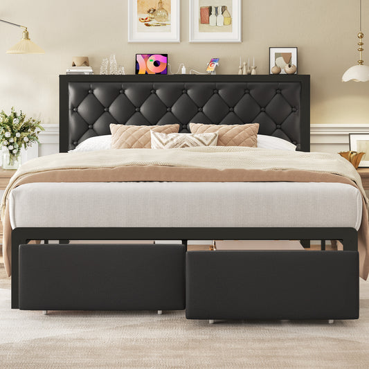 Queen Bed Frame with 2 Storage Drawers, Upholstered Headboard Button Tufted Bed Frame with Charging Station, No Box Spring Needed, Noise-Free, All Metal Structure, Black