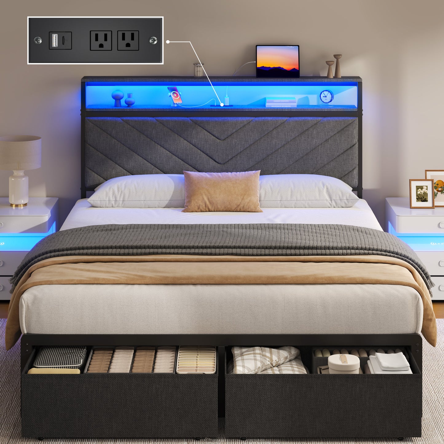 Fluest Queen Bed Frame wit Storage Drawers, Upholstered Headboard with Charging Station, LED Lights, Fabric Drawers with Wheels, Under Bed Storage, No Box Spring Needed, Easy Assembly, Grey