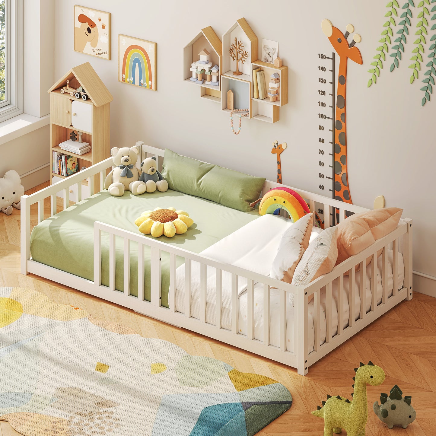 Fluest Toddler Floor Bed with Wood Slats, Twin Size Montessori Bed Frame for Girls and Boys, Toddler Bed with high Safety Guardrails, No Box Spring Needed