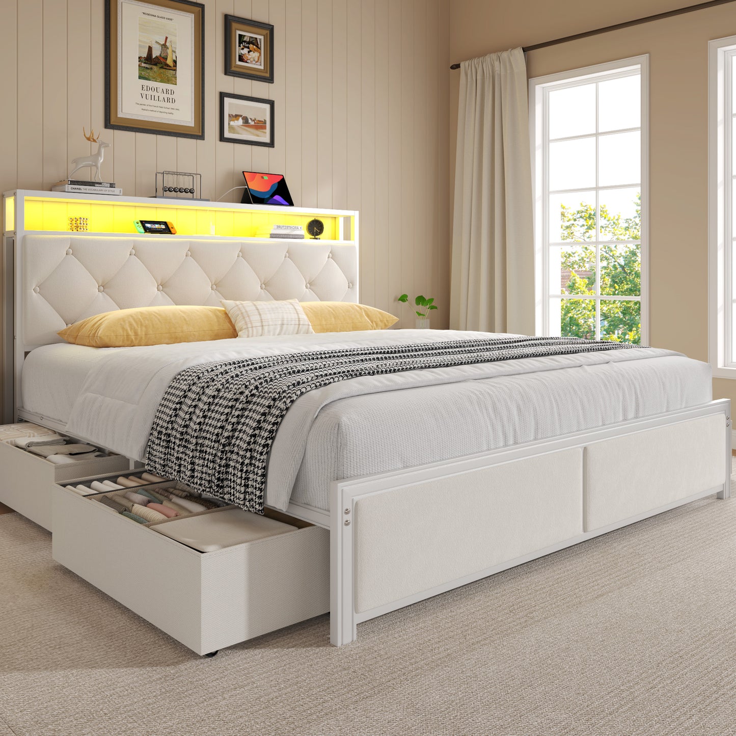 Fluest Queen Bed Frame with Headboard, Storage Drawers, Fast Charging Station, Led Lights, Bed Frame Queen Size with Fabric Drawers, Metal Structure, No Box Spring Needed, Easy Assembly