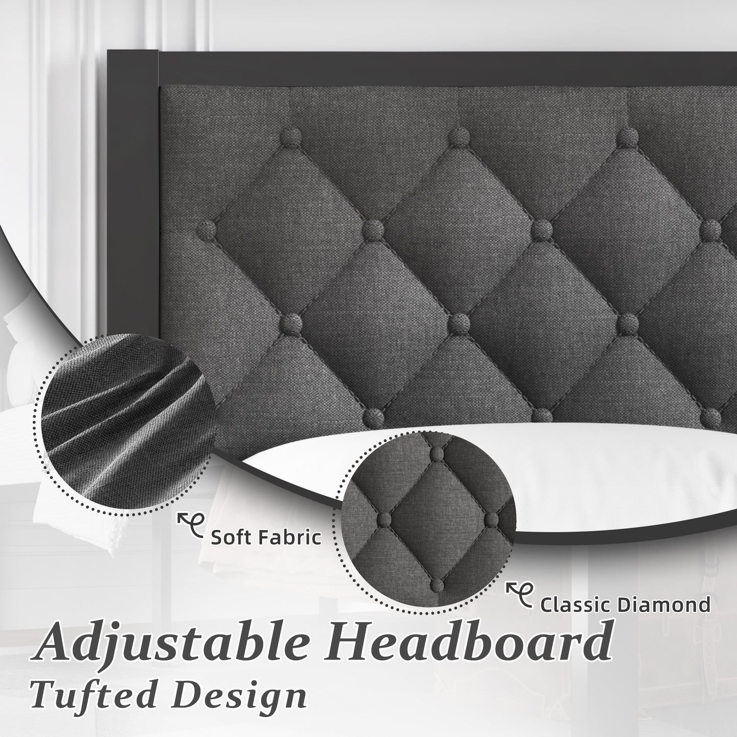 Fluest Bed Frame with Linen Upholstered Headboard, Metal Support, Queen Size, Black