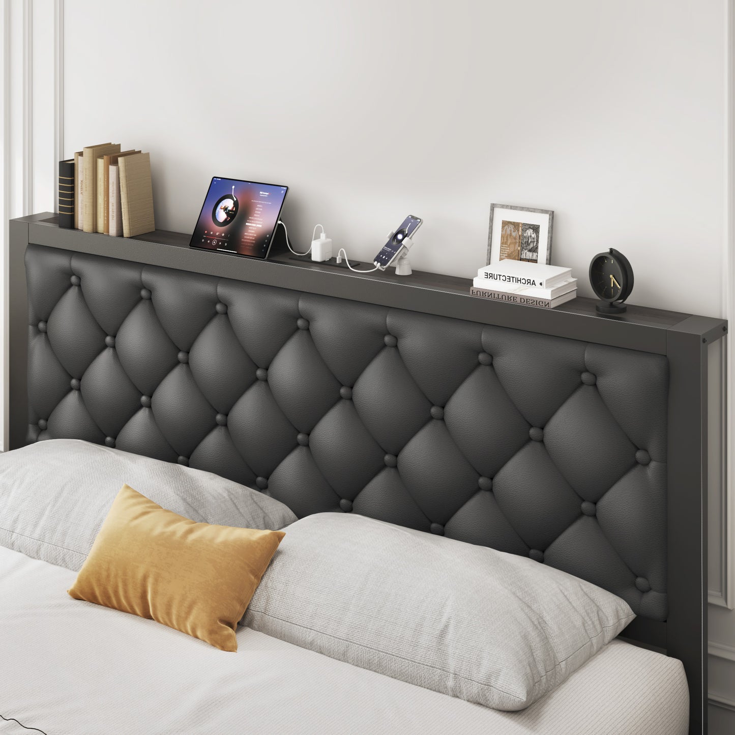 Fluest Bed Frame with Leather Upholstered Headboard, Lockable Storage, Queen Size, Black