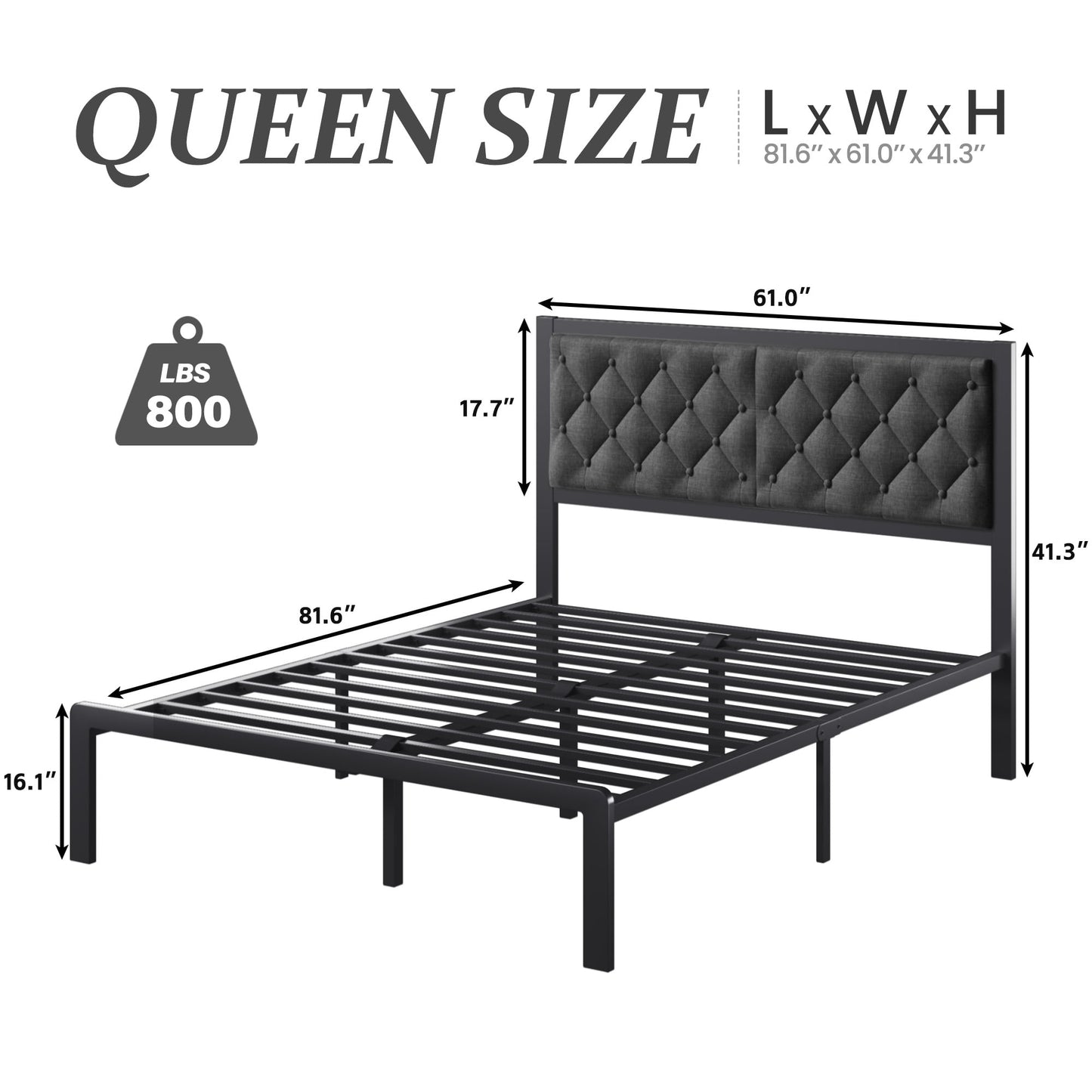 Fluest Bed Frame with Linen Upholstered Headboard, Metal Support, Queen Size, Black