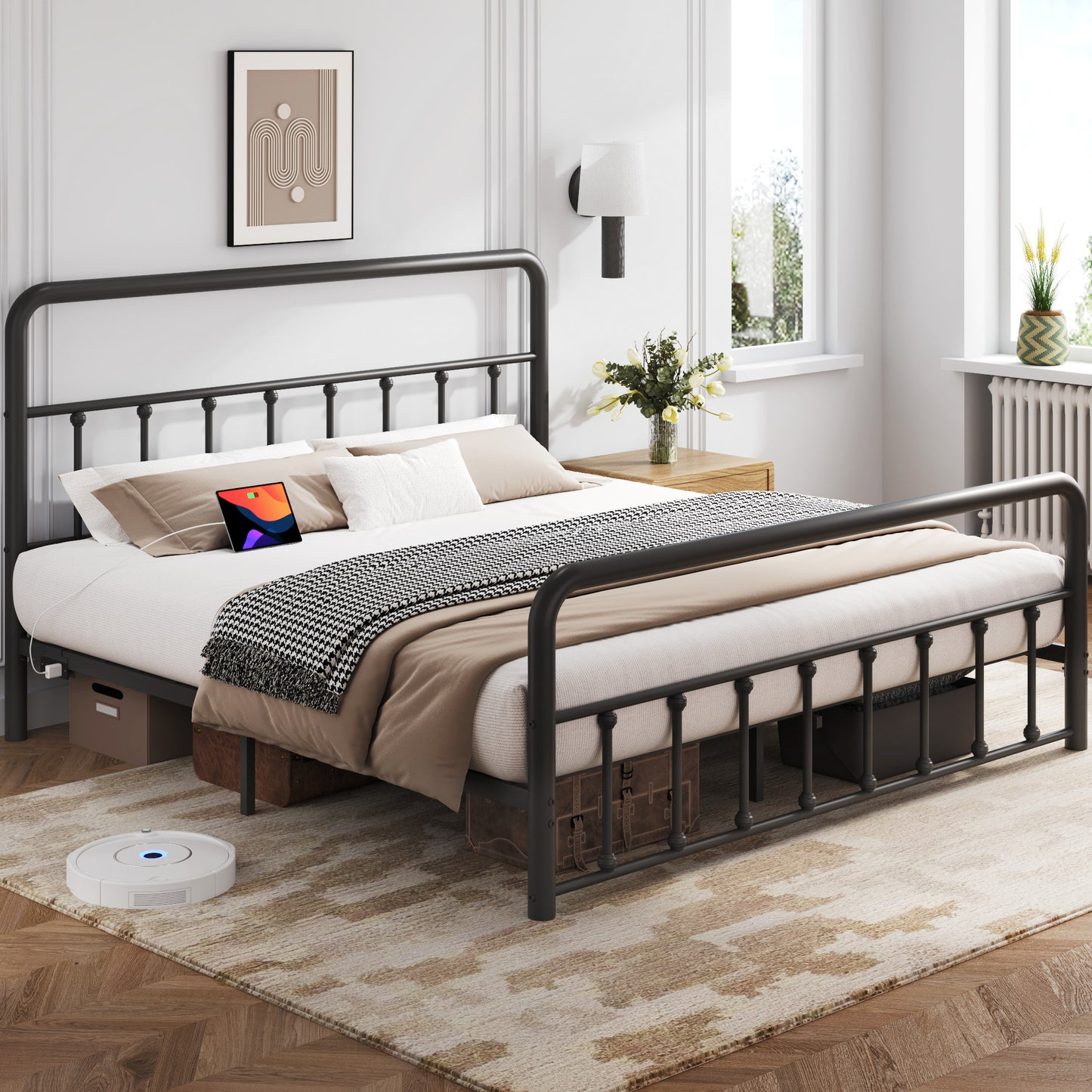 Fluest Queen Bed Frame with Headboard, Charging Station & LED Lights, Metal Platform Bed with Steel Slat Support, No Box Spring Needed, Under Bed Storage, Noise Free, Easy Assembly, Black