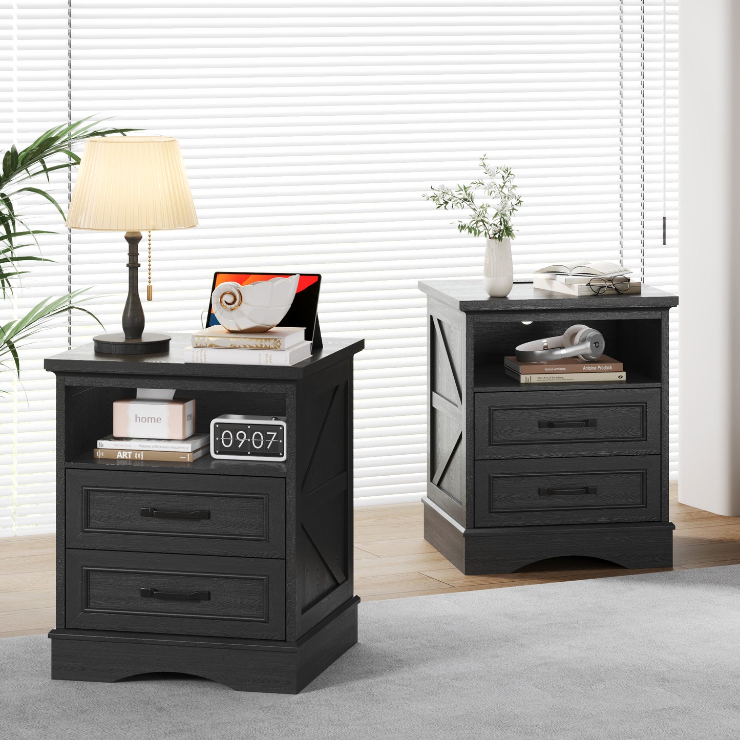 Fluest 24” Tall Farmhouse Nightstands, Night Stands with Charging Station, Beside Tables with Drawers and Open Storage, Rustic End Tables for Bedroom, Antique White/Black