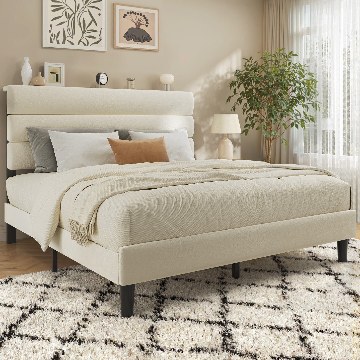 Fluest Bed Frame, Platform Bed Frame with Velvet Upholstered Headboard, No Box Spring Needed, Sturdy Metal Support, Noise Free, Easy Assembly, Modern Bedroom Furniture